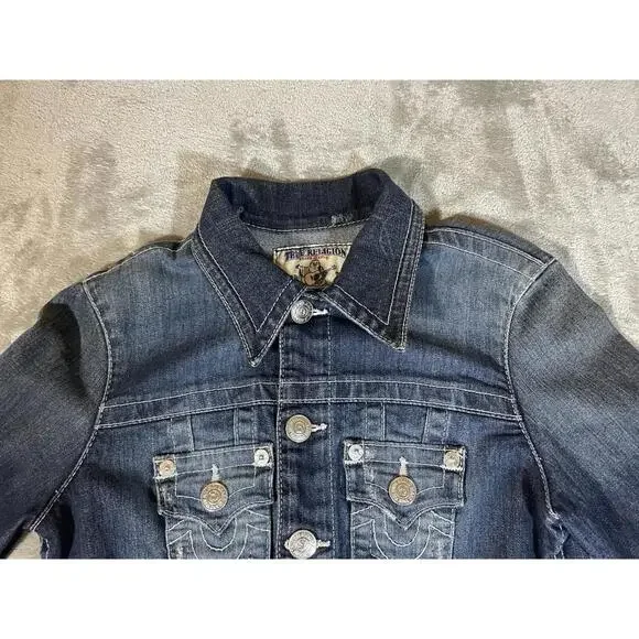 TRUE RELIGION Denim Trucker Jacket Blue Denim Jean Snap Button Sz XS Woman Logo - Picture 4 of 16